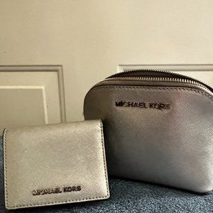 Michael Kors Cindy Metallic Saffiano Leather Pouch and Travel Metallic Saffiano